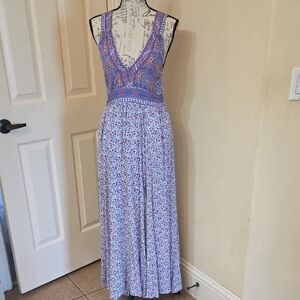 Elegant Boho Purple and White Halter Style Maxi Dress With Side Slit